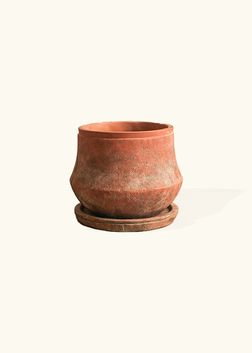 A terracotta-colored plant pot with a distinctive burnt texture. The pot's warm earthy tones and textured surface evoke a rustic and artisanal feel, adding natural charm to any space. Perfect for showcasing your favorite plants and bringing a touch of organic elegance to your home or garden decor