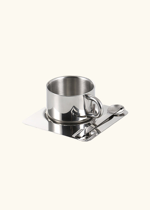 Stainless Steel Coffee Cup with Saucer and Spoon, Kitchenware (Set of 2)