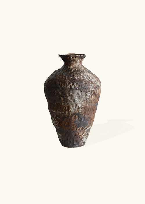 Distinctive Burnt Tall Vase: W21cm x H35cm, exuding raw beauty with a captivating burnt effect and rough imperfect style.