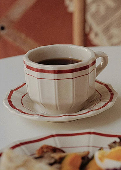 Coffee Mug and Saucer Set, White and Red