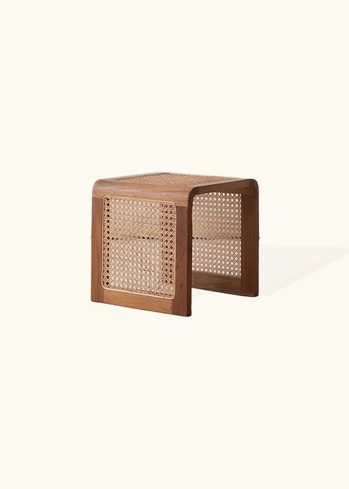 A Vine-Woven Wooden Rattan Side Table, seamlessly integrating vine-woven rattan with wood, showcasing intricate weaving and adding unique texture to your space. Crafted from solid wood, hand-crafted, with dimensions of W35cm x H35cm.